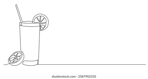 one continuous line of orange juice.vector illustration one line drawing of a glass of juice with orange slices.vector illustration single line of freshness sign of juice drink