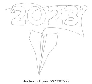 One continuous line of Paper Airplane with the number 2023. Thin Line Illustration vector concept. Contour Drawing Creative ideas.