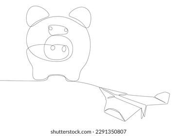 Una línea continua de avión de papel con el banco Piggy. Concepto vectorial de Ilustración de líneas delgadas. Contour Drawing Ideas Creativas.