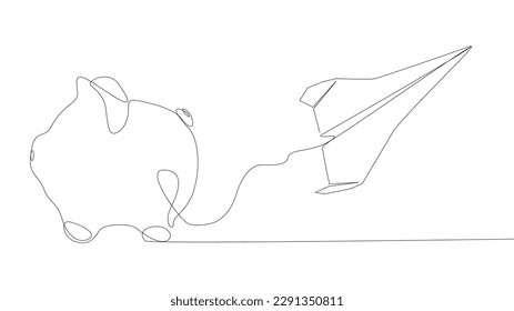 One continuous line of Paper Airplane with Piggy Bank. Thin Line Illustration vector concept. Contour Drawing Creative ideas.