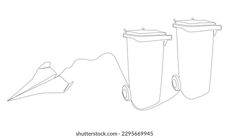 One continuous line of Paper Airplane with Garbage Bin. Thin Line Illustration vector concept. Contour Drawing Creative ideas.