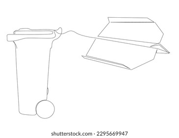 One continuous line of Paper Airplane with Garbage Bin. Thin Line Illustration vector concept. Contour Drawing Creative ideas.