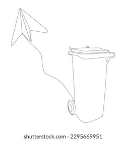 Una línea continua de avión de papel con basurero. Concepto vectorial de Ilustración de líneas delgadas. Contour Drawing Ideas Creativas.