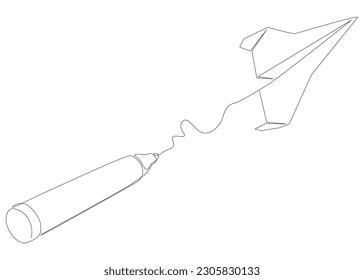 One continuous line of Paper Airplane drawn by with felt tip pen. Thin Line Illustration vector concept. Contour Drawing Creative ideas.