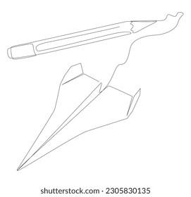 One continuous line of Paper Airplane drawn by with felt tip pen. Thin Line Illustration vector concept. Contour Drawing Creative ideas.