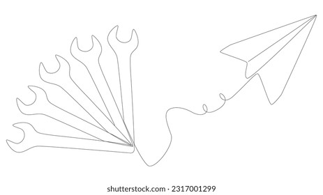 One continuous line of Paper Airplane with Wrench. Thin Line Illustration vector concept. Contour Drawing Creative ideas.