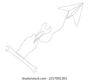 One continuous line of Paper Airplane with Wrench. Thin Line Illustration vector concept. Contour Drawing Creative ideas.
