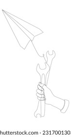 One continuous line of Paper Airplane with Wrench. Thin Line Illustration vector concept. Contour Drawing Creative ideas.