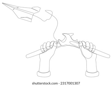 One continuous line of Paper Airplane with Wrench. Thin Line Illustration vector concept. Contour Drawing Creative ideas.