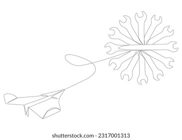 One continuous line of Paper Airplane with Wrench. Thin Line Illustration vector concept. Contour Drawing Creative ideas.