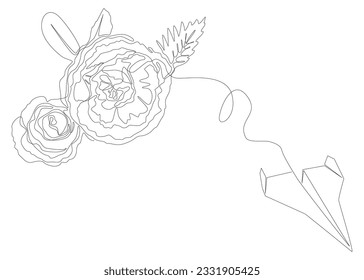 One continuous line of Paper Airplane with rose flowers. Thin Line Illustration vector concept. Contour Drawing Creative ideas.