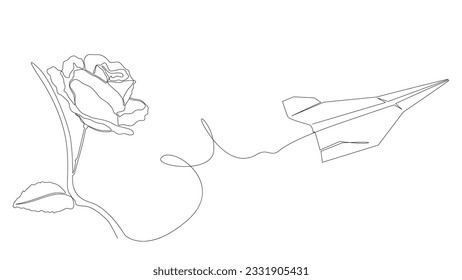 One continuous line of Paper Airplane with rose flowers. Thin Line Illustration vector concept. Contour Drawing Creative ideas.