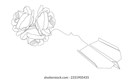 One continuous line of Paper Airplane with rose flowers. Thin Line Illustration vector concept. Contour Drawing Creative ideas.