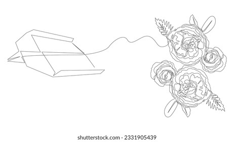 Una línea continua de avión de papel con flores de rosa. Concepto vectorial de Ilustración de líneas delgadas. Contour Drawing Ideas Creativas.