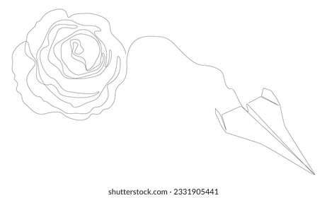 Una línea continua de avión de papel con flores de rosa. Concepto vectorial de Ilustración de líneas delgadas. Contour Drawing Ideas Creativas.