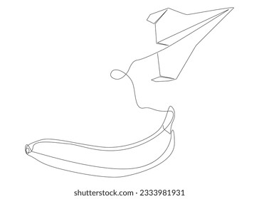 One continuous line of Paper Airplane with Banana. Thin Line Illustration vector concept. Contour Drawing Creative ideas.