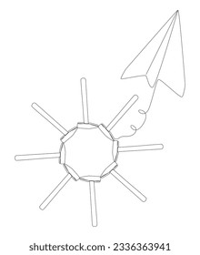 One continuous line of Paper Airplane with Hammer. Thin Line Construction Illustration vector concept. Contour Drawing Creative ideas.