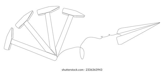 One continuous line of Paper Airplane with Hammer. Thin Line Construction Illustration vector concept. Contour Drawing Creative ideas.