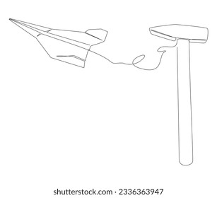 One continuous line of Paper Airplane with Hammer. Thin Line Construction Illustration vector concept. Contour Drawing Creative ideas.