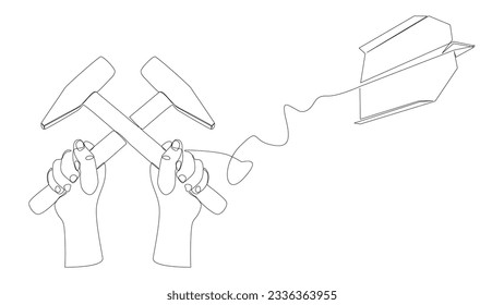 One continuous line of Paper Airplane with Hammer. Thin Line Construction Illustration vector concept. Contour Drawing Creative ideas.