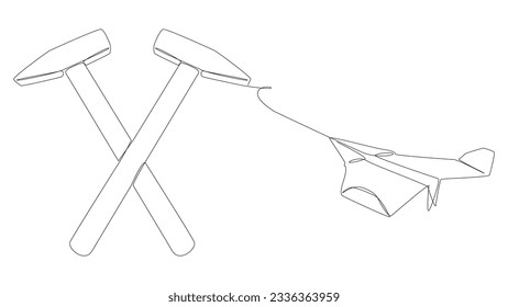 One continuous line of Paper Airplane with Hammer. Thin Line Construction Illustration vector concept. Contour Drawing Creative ideas.