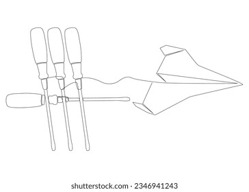 One continuous line of Paper Airplane with Screwdriver. Thin Line Illustration vector concept. Contour Drawing Creative ideas.
