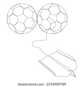 One continuous line of Paper Airplane with football ball. Thin Line Illustration vector concept. Contour Drawing Creative ideas.
