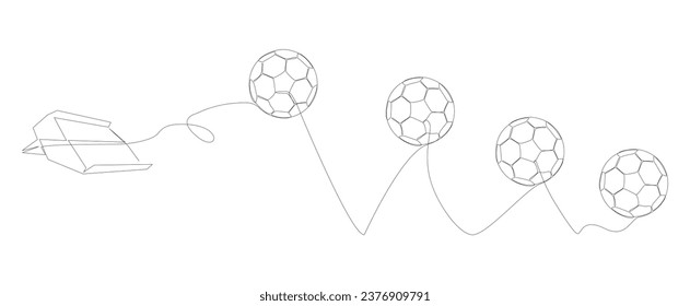 One continuous line of Paper Airplane with football ball. Thin Line Illustration vector concept. Contour Drawing Creative ideas.