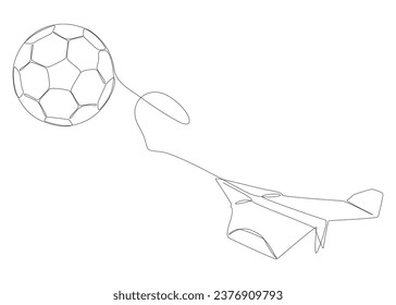 One continuous line of Paper Airplane with football ball. Thin Line Illustration vector concept. Contour Drawing Creative ideas.