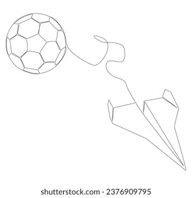 Una línea continua de avión de papel con bola de fútbol. Concepto vectorial de Ilustración de líneas delgadas. Contour Drawing Ideas Creativas.