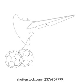 One continuous line of Paper Airplane with football ball. Thin Line Illustration vector concept. Contour Drawing Creative ideas.