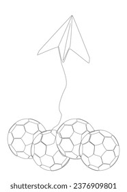 One continuous line of Paper Airplane with football ball. Thin Line Illustration vector concept. Contour Drawing Creative ideas.