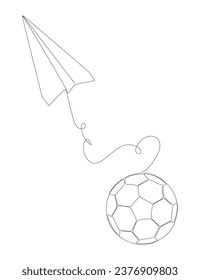 One continuous line of Paper Airplane with football ball. Thin Line Illustration vector concept. Contour Drawing Creative ideas.