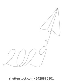 One continuous line of Paper Airplane with number 2024. Thin Line Illustration vector concept. Contour Drawing Creative ideas.