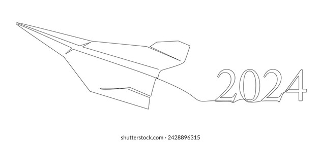 One continuous line of Paper Airplane with number 2024. Thin Line Illustration vector concept. Contour Drawing Creative ideas.