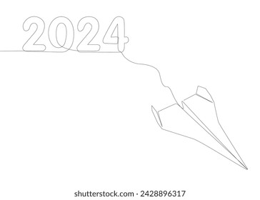 One continuous line of Paper Airplane with number 2024. Thin Line Illustration vector concept. Contour Drawing Creative ideas.