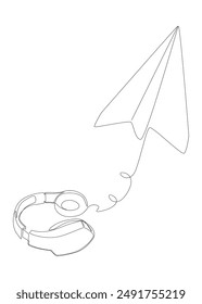 One continuous line of Paper Airplane with Headphones. Thin Line Illustration vector concept. Contour Drawing Creative ideas.