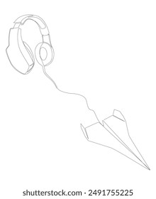 One continuous line of Paper Airplane with Headphones. Thin Line Illustration vector concept. Contour Drawing Creative ideas.