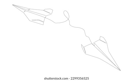 Una línea continua de aviones de papel. Concepto vectorial de Ilustración de líneas delgadas. Contour Drawing Ideas Creativas.