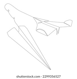 Una línea continua de aviones de papel. Concepto vectorial de Ilustración de líneas delgadas. Contour Drawing Ideas Creativas.