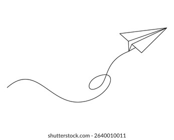 One continuous line paper plane design, vector illustration, isolated on transparent background