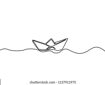 One continuous line paper ship isolated on white background. Vector illustration.