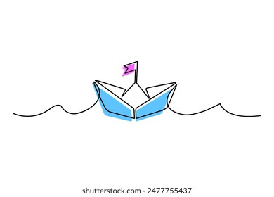 One continuous line paper ship isolated on white background boat vector illustration. Paper boat outline art in one line. One line drawing origami craft concept vector illustration and minimalist.