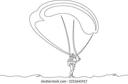 One continuous line. Paraglider with a paraglider. Extreme sport. Paraglider before takeoff. Paragliding wing. Parapleneism. One continuous line is drawn on a white background.