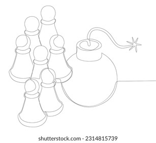 Una línea continua de peón, pieza de ajedrez con bomba. Concepto vectorial de Ilustración de líneas delgadas. Contour Drawing Ideas Creativas.