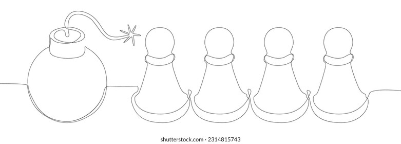 One continuous line of Pawn, Chess Piece with Bomb. Thin Line Illustration vector concept. Contour Drawing Creative ideas.