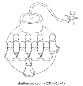One continuous line of Pawn, Chess Piece with Bomb. Thin Line Illustration vector concept. Contour Drawing Creative ideas.