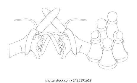 One continuous line of pawn, chess piece with Banana. Thin Line Illustration vector concept. Contour Drawing Creative ideas.