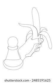 One continuous line of pawn, chess piece with Banana. Thin Line Illustration vector concept. Contour Drawing Creative ideas.