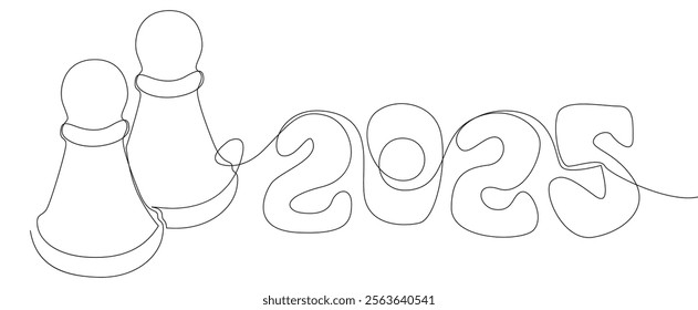 One continuous line of pawn, chess piece with number 2025. Thin Line Illustration vector concept. Contour Drawing Creative ideas.